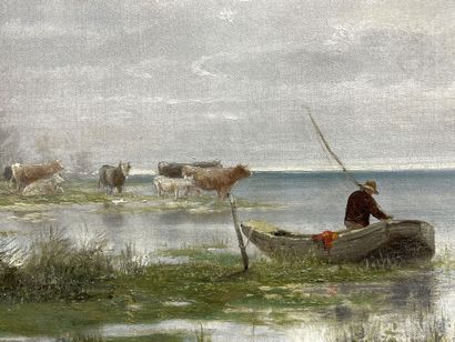 CARLO ( XIX°)
Grand paysage: vaches s'abreuvant...