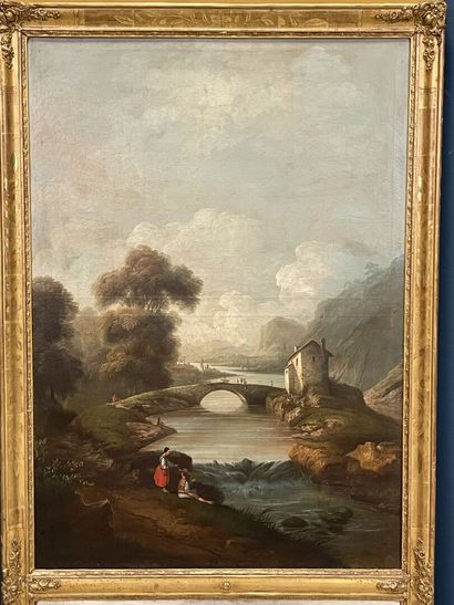 Miroir trumeau à décor de paysage de campagne....