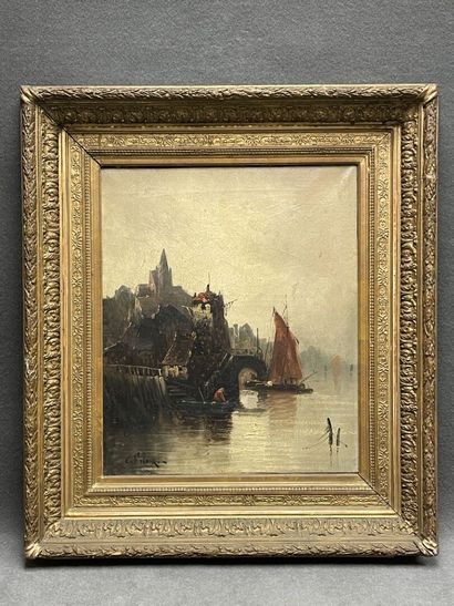 Dutch school - Lively scene with boats
Oil...