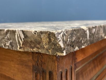 Mahogany veneered straight desk, grey veined...