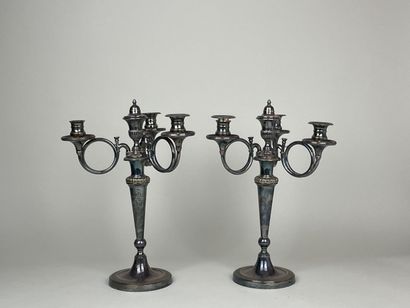 Pair of silver-plated three-light candlesticks...