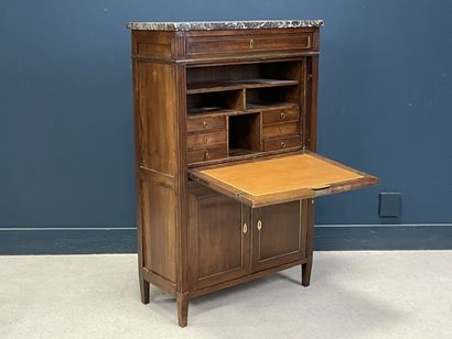 Mahogany veneered straight desk, grey veined...