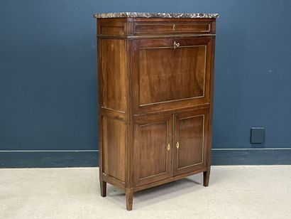 Mahogany veneered straight desk, grey veined...