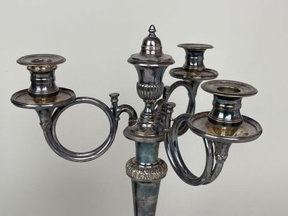 Pair of silver-plated three-light candlesticks...
