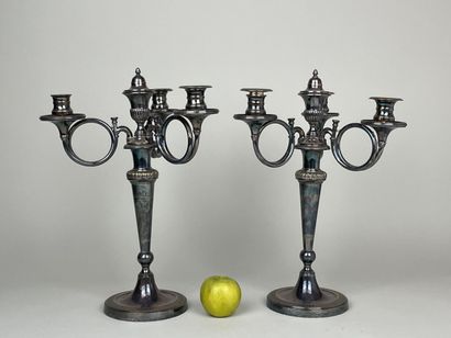 Pair of silver-plated three-light candlesticks...