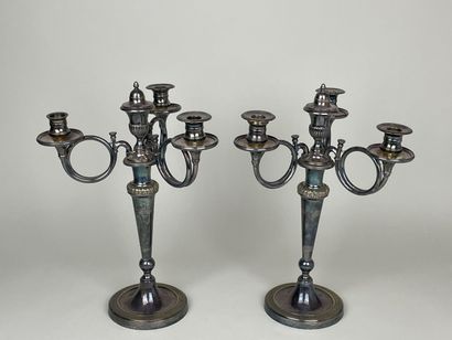 Pair of silver-plated three-light candlesticks...