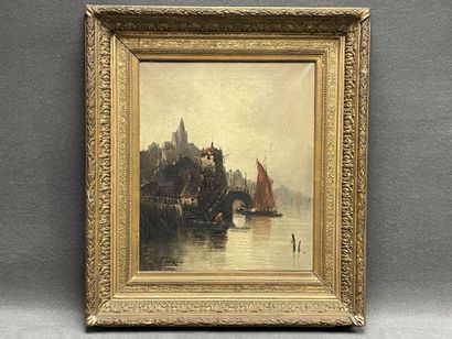 Dutch school - Lively scene with boats
Oil...