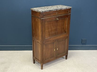 Mahogany veneered straight desk, grey veined...