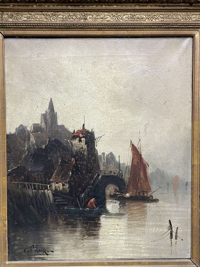 Dutch school - Lively scene with boats
Oil...