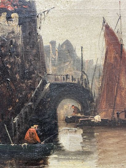 Dutch school - Lively scene with boats
Oil...