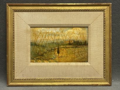 Paysage de campagne. 
huile sur panneau,...