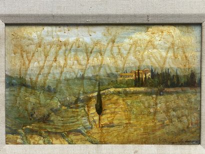 Paysage de campagne. 
huile sur panneau,...