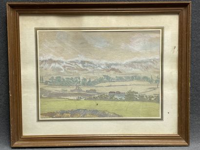 Paysage de campagne. 
Aquarelle encadrée....