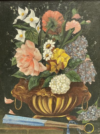 Nature morte au bouquet de fleurs. 
huile...