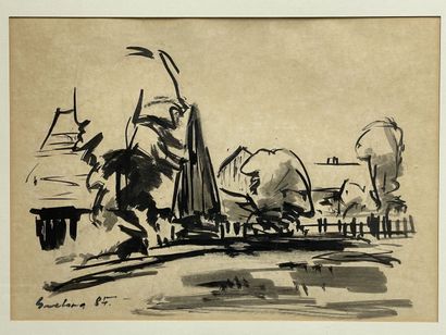 Paysage de village. 
Encre sur papier sous...
