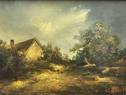 Maison de campagne. 
huile sur panneau, signée...