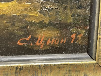 Maison de campagne. 
huile sur panneau, signée...
