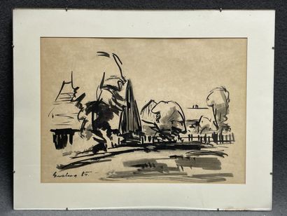 Paysage de village. 
Encre sur papier sous...