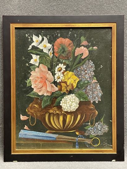 Nature morte au bouquet de fleurs. 
huile...