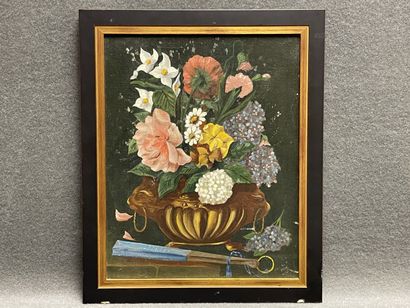Nature morte au bouquet de fleurs. 
huile...