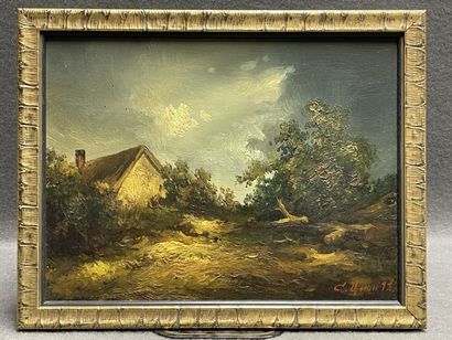 Maison de campagne. 
huile sur panneau, signée...