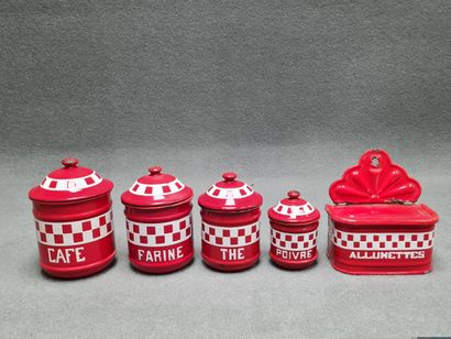 Série de pots à épices en fer émaillé rouge...