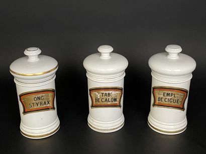 Trois pots à pharmacie en porcelaine. 
Fin...