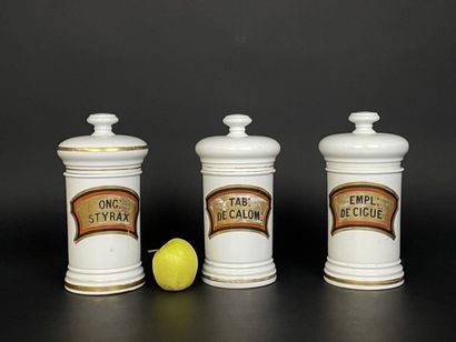 Trois pots à pharmacie en porcelaine. 
Fin...