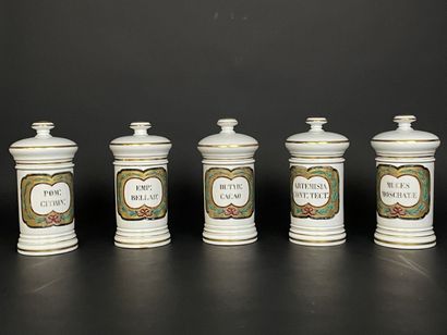 Suite de cinq pots à pharmacie en porcelaine....