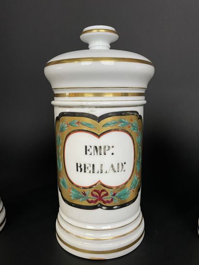 Suite de cinq pots à pharmacie en porcelaine....