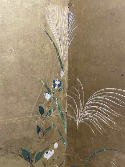 Peinture japonaise de végétaux sur fond or,...