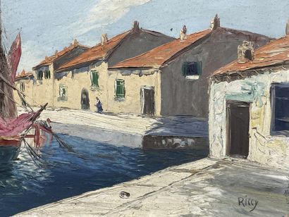 RICCY (XXe)
Voilier au port. 
huile sur panneau,...
