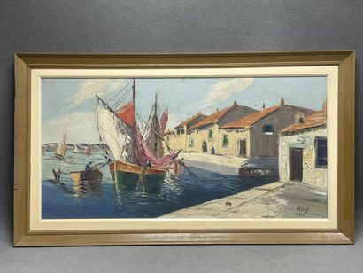 RICCY (XXe)
Voilier au port. 
huile sur panneau,...