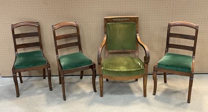 Fauteuil Restauration et trois chaises dossier...