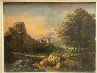Ecole Française milieu XIX°
Paysage au pont.
huile...