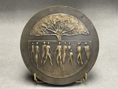 Grande médaille en bas relief en bronze par...