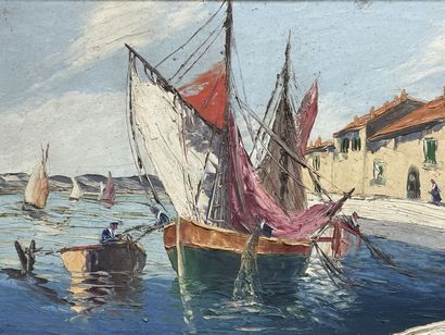 RICCY (XXe)
Voilier au port. 
huile sur panneau,...