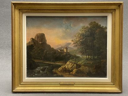 Ecole Française milieu XIX°
Paysage au pont.
huile...
