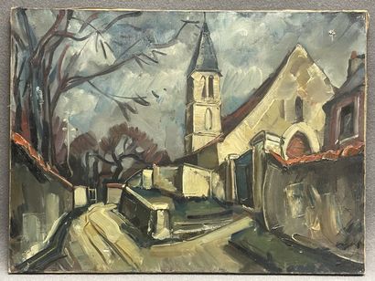 Eglise. 
huile sur toile. 
60 x 80 cm. 
trous...