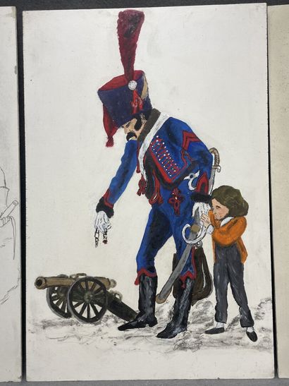 Soldats.
Trois huiles et dessin sur panneaux....