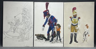 Soldats.
Trois huiles et dessin sur panneaux....