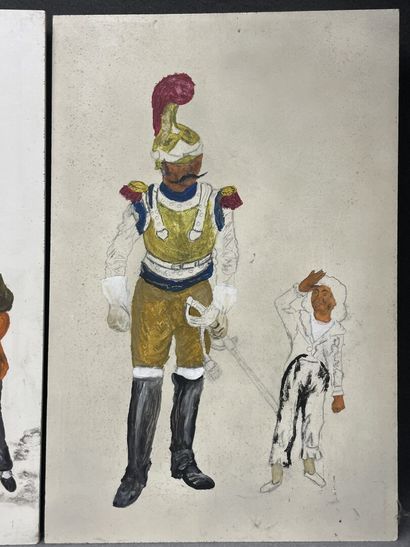 Soldats.
Trois huiles et dessin sur panneaux....