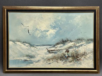 Jeune filles dans les dunes. 
huile sur toile,...