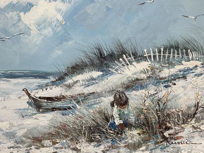 Jeune filles dans les dunes. 
huile sur toile,...