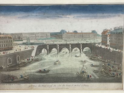 Deux vues d'optique XVIII encadrées:
- Ponts...