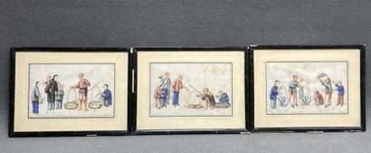 Pêcheurs. 
Trois peintures asiatique encadrées....