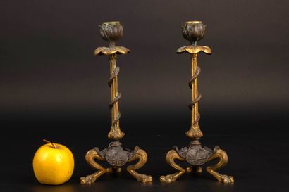 Paire de bougeoirs en bronze à décor de feuilles...