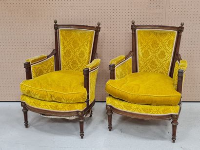 Paire de bergères en bois sculpté et garnitures...