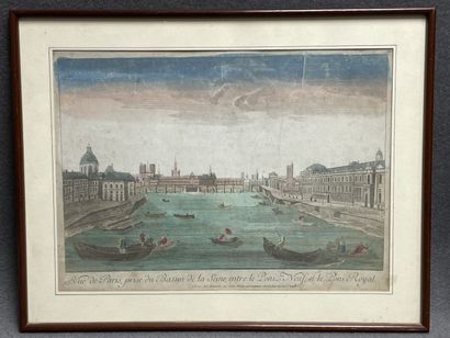 Deux vues d'optique XVIII encadrées:
- Ponts...