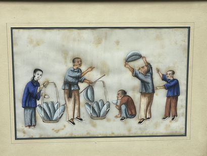 Pêcheurs. 
Trois peintures asiatique encadrées....